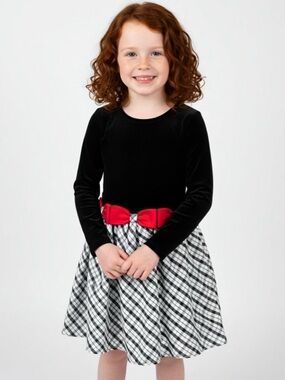 Rare Editions Girl Festive Sprinkles Dress with Ribbon Detail In Black/White